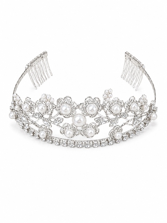 Vintage Silver Pearl Crystal Bridal Tiara Crown Headpiece Wedding Prom Princes main image 3